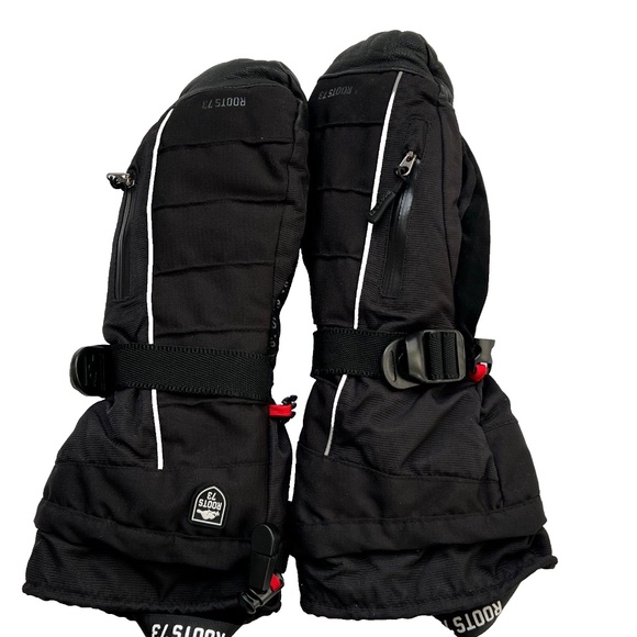 Roots Black Leather Snowboard Ski Mitts  Water-resistant Thermolite Size M Mens - Picture 1 of 7